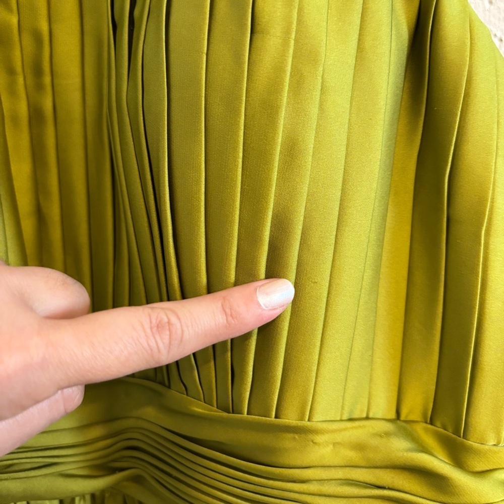 Mac Duggal Satin Pleated Olive Green Halter Dress - Picture 8 of 9